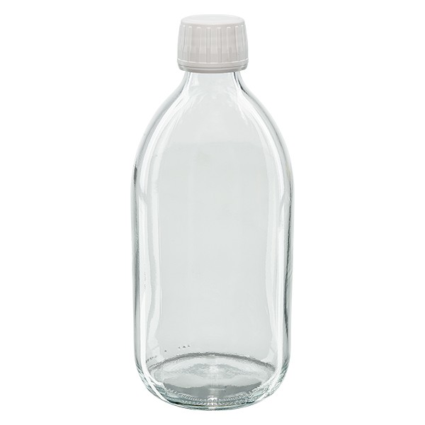 500ml Euro-Medizinflasche klar mit weissem Schraubverschluss OV mit PTFE-Einlage