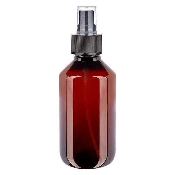 200 ml PET Medizinflasche mit Zerstäuber schwarz GCMI 28/410 inkl. Kappe transparent, Standard